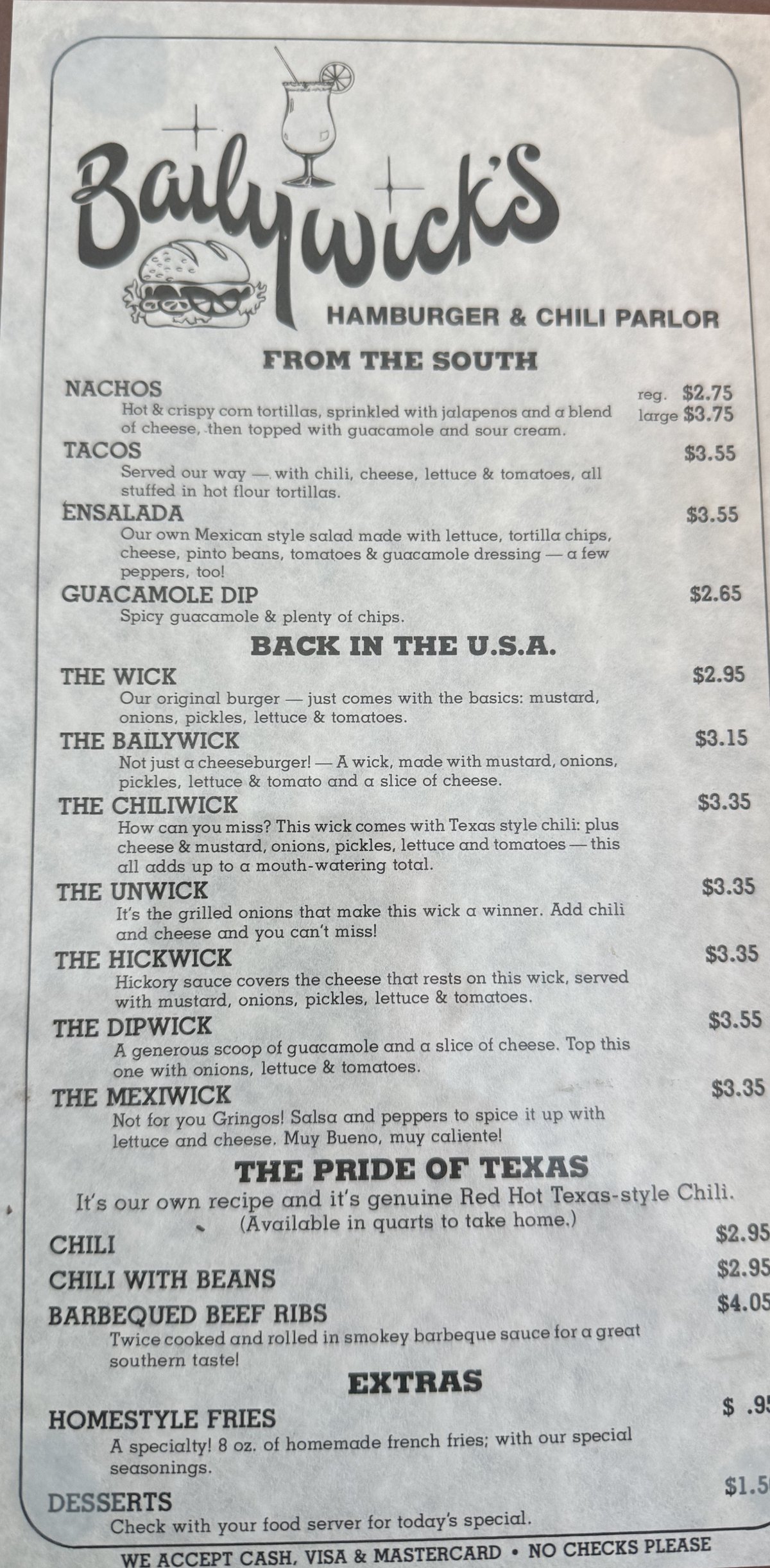 The original 1981 Bailywick's menu