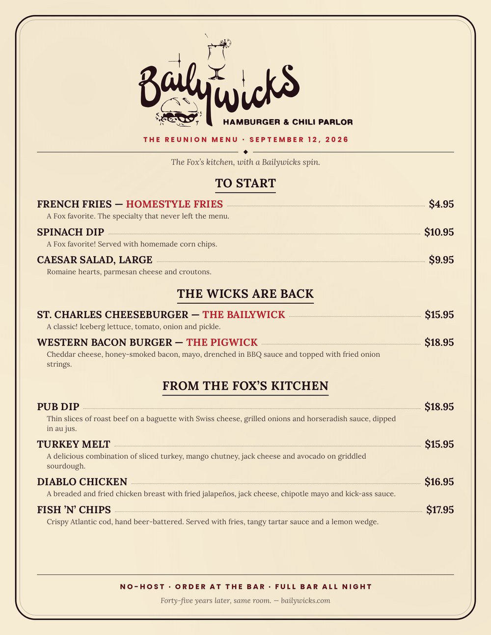 The 2026 Bailywicks Reunion menu